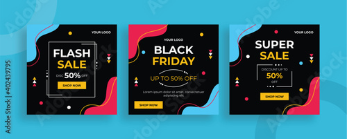 Set of editable templates for Instagram post, Facebook square frame, social media, black Friday, sale, advertisement, and business, fresh design with black pink blue color and minimalist vector (2/3)