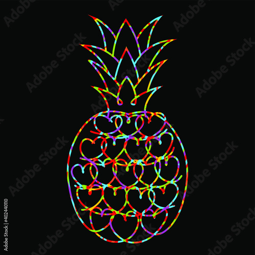 Pineapple . Vector Illustration hand drawn fruit pineapple black neon t-shirt design.