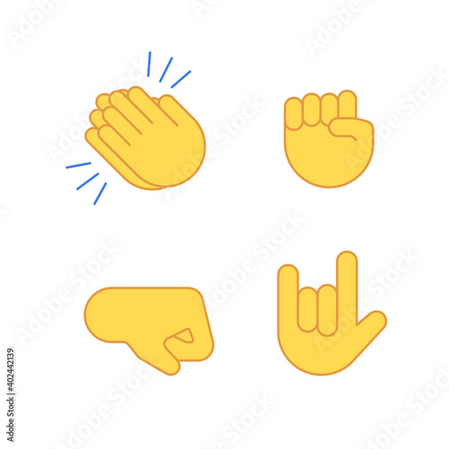 Hands emoji applause emoticon cartoon set. Vector fist rock emoji set
