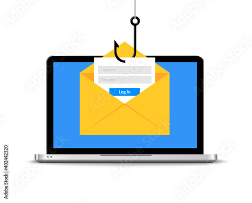 Data phishing hacking online. Scam envelope concept. Computer data fishing hack crime