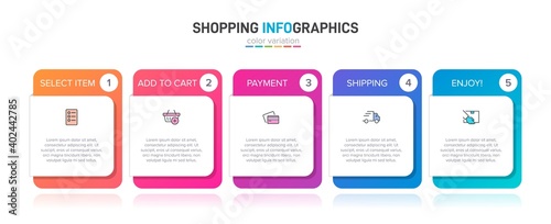 Concept of shopping process with 5 successive steps. Five colorful graphic elements. Timeline design for brochure, presentation, web site. Infographic design layout. © shendart