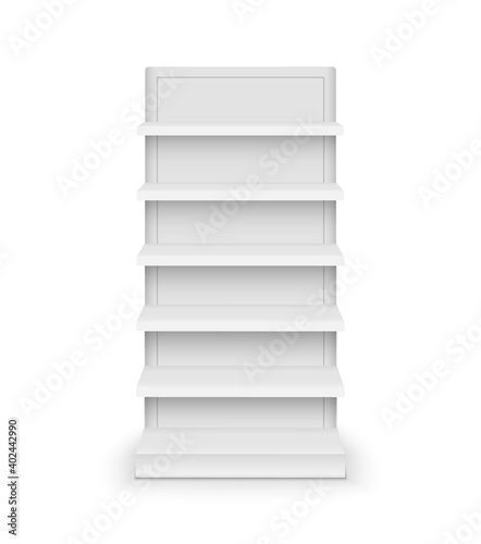 Shelf store supermarket mockup stand. Retail shelf display empty vector rack shelves