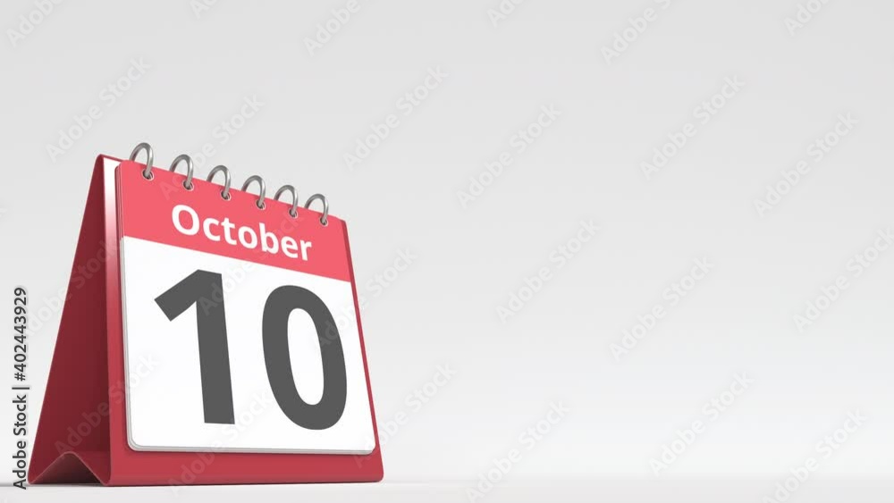 October 10 date on the flip desk calendar page, blank space for user text, 3d animation October 10 date on the flip desk calendar page, blank space for user text, 3d animation