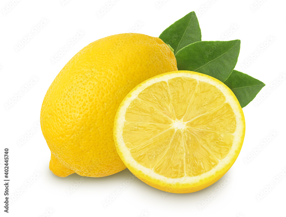 Close up,lemon fruit and leaves isolated on white background..