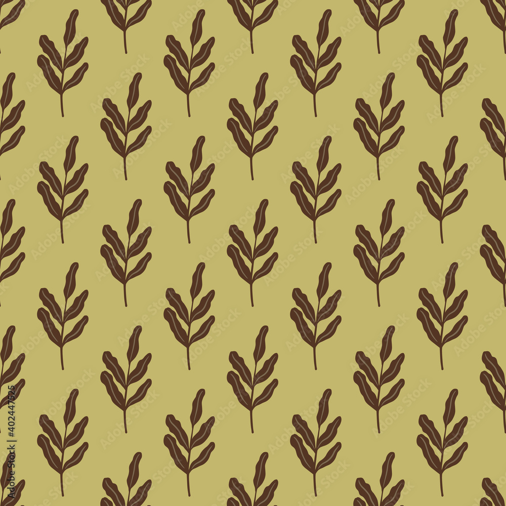 Brown leaves branches seamless doodle pattern in simple style. Light olive green background. Brown leaves branches seamless doodle pattern in simple style. Light olive green background.