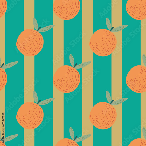 Creative seamless pattern with doodle orange mandarins print. Striped background with beige and blue lines.