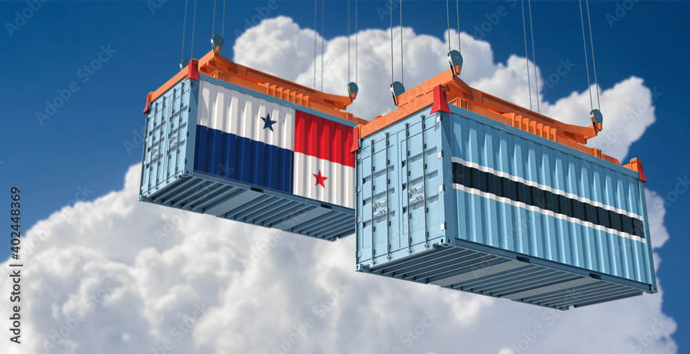 Freight containers with Botswana and Panama national flags. 3D Rendering 