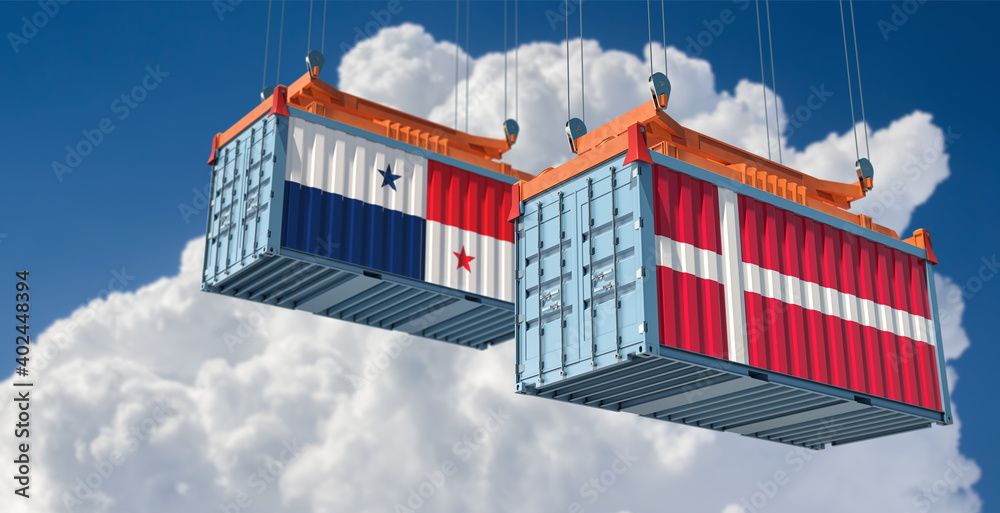 Freight containers with Denmark and Panama national flags. 3D Rendering 