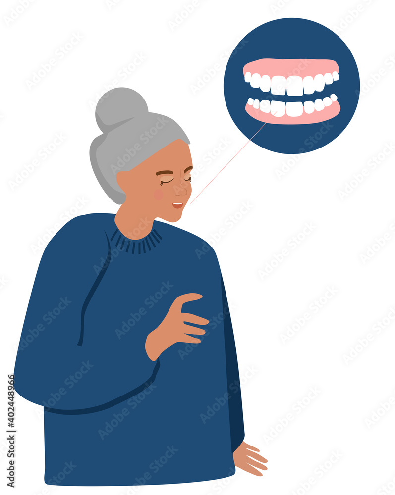 Old woman with false jaw. Dental clinic advertising. Orthodontics and oral surgery. Crown and veneers for beautiful smile.Denture,a removable plate or frame holding artificial teeth. Vector poster.
