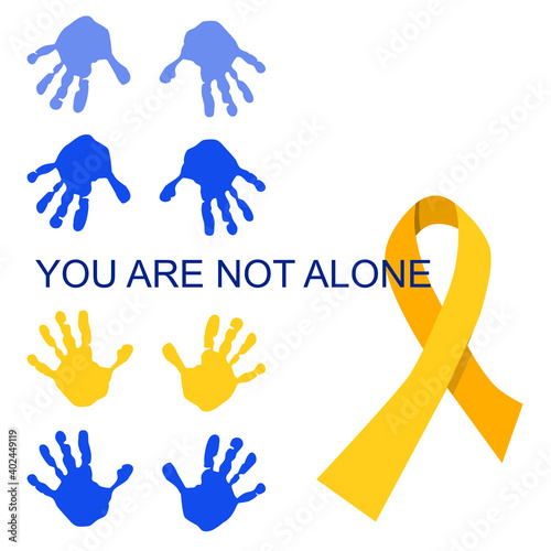 International world Childhood cancer day poster. Colourful handprints like hope symbol.You are not alone concept.Help and support. Oncology disease and treatment. Yellow ribbon. Congenital illness.