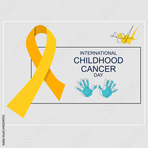 International Childhood cancer day. Origami crane bird and kids handprints are hope symbols. Help and support concept. Oncology disease and treatment. Yellow awareness ribbon. Vector medical poster