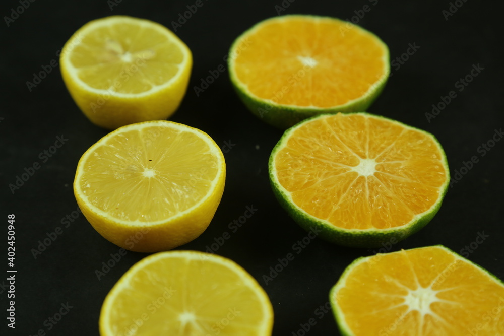 Group of lemons with leaves, isolated on background