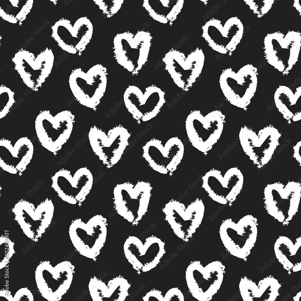 Black and White Heart shaped brush stroke seamless pattern background Black and White Heart shaped brush stroke seamless pattern background