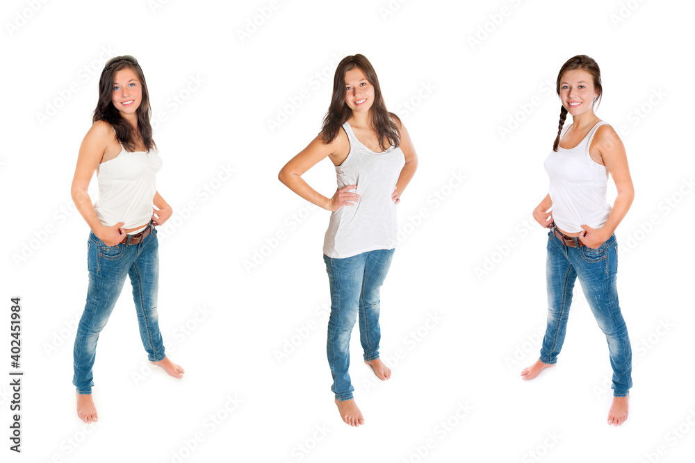Three full length portraits of a gorgeous young woman wearing blue jeans and white top, isolated on white studio background Three full length portraits of a gorgeous young woman wearing blue jeans and white top, isolated on white studio background