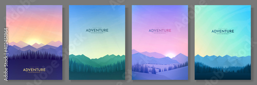 Vector illustration. Flat background set. Minimalist style. 4 landscapes collection. Mountain view, forest trees. Geometric polygonal design. Design for poster, book cover, banner, flyer, gift card