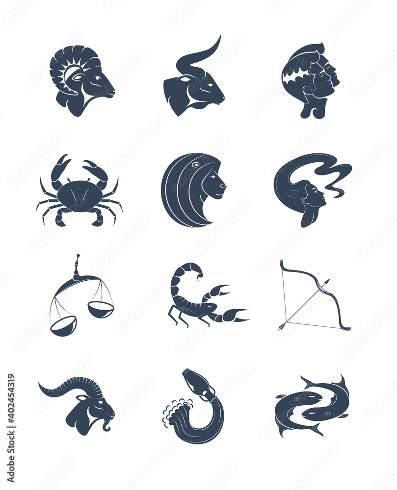 set of zodiac signs Astrology horoscope. Vector flat design cartoon web icons with handwritten text naming the mascots set of zodiac signs Astrology horoscope. Vector flat design cartoon web icons with handwritten text naming the mascots