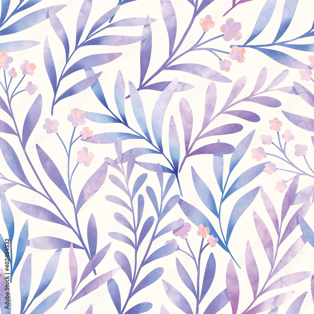 Seamless watercolor botanical pattern. Digitally hand painting floral background. Modern leaves design for fabric, wallpaper, surface.