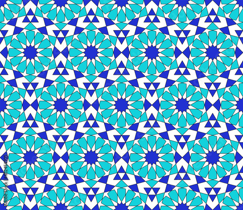 Seamless geometric ornament based on traditional islamic art. Blue, black and white colors.