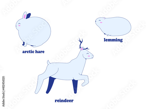 Happy and plump polar hare, lemming and reindeer. Vector image in eps format.