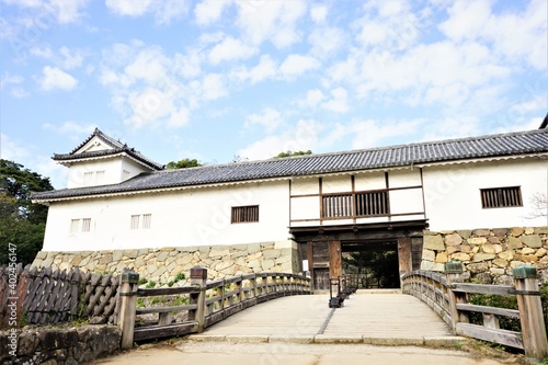 Tenbin Yagura gate and Rouka bridge at Hikone Castle in Hikone City of Shiga, Japan - 滋賀 彦根城の廊下橋