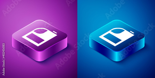 Isometric Canister for motor machine oil icon isolated on blue and purple background. Oil gallon. Oil change service and repair. Engine oil sign. Square button. Vector Illustration.