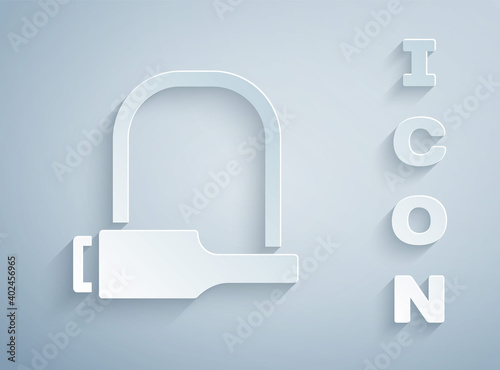 Paper cut Bicycle lock U shaped industrial icon isolated on grey background. Paper art style. Vector Illustration.