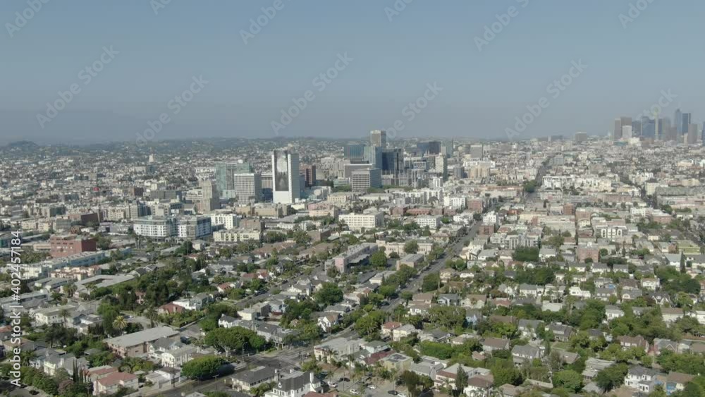 Los Angeles Downtown And Wilshire Center Aerial Shot Forward Tilt Up California USA Los Angeles Downtown And Wilshire Center Aerial Shot Forward Tilt Up California USA