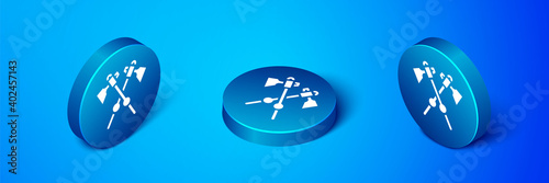 Isometric Crossed medieval axes icon isolated on blue background. Battle axe, executioner axe. Medieval weapon. Blue circle button. Vector.