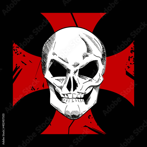 Vector illustration for human skull t-shirt on red cross isolated on black. Vector illustration for t-shirts.