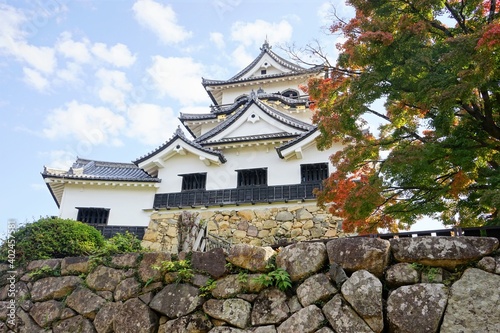 Hikone Castle with red and yellow foliage in Hikone City of Shiga, Japan - 日本 滋賀県 彦根城 秋 紅葉