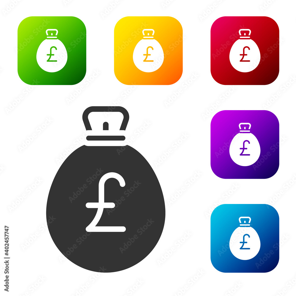 Black Money bag with pound icon isolated on white background. Pound GBP currency symbol. Set icons in color square buttons. Vector. Black Money bag with pound icon isolated on white background. Pound GBP currency symbol. Set icons in color square buttons. Vector.