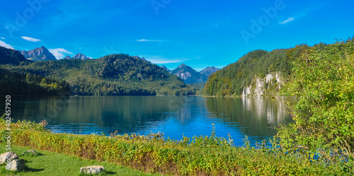 Panoramic view of a mountain lake in the Alps