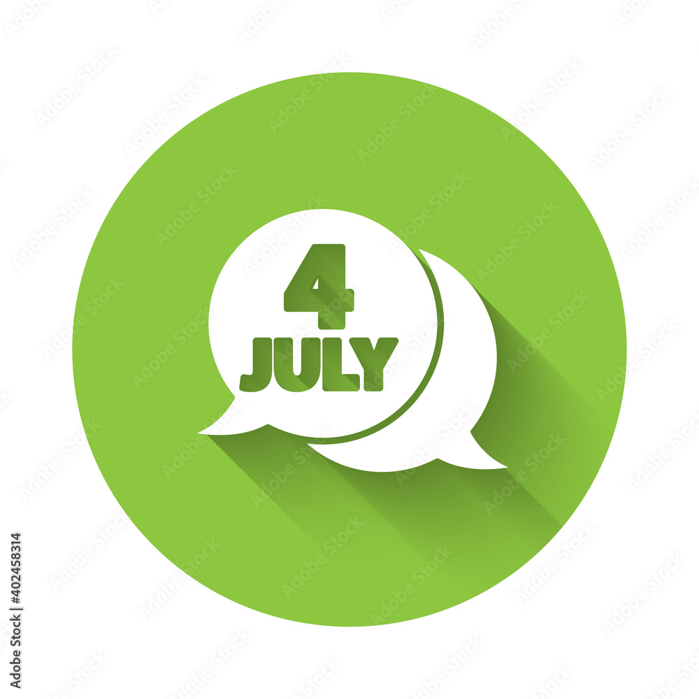 White USA Independence day icon isolated with long shadow. 4th of July. United States of America country. Green circle button. Vector.