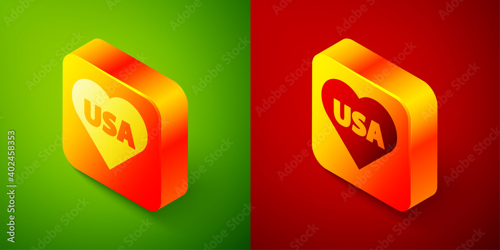 Isometric USA Independence day icon isolated on green and red background. 4th of July. United States of America country. Square button. Vector. Isometric USA Independence day icon isolated on green and red background. 4th of July. United States of America country. Square button. Vector.