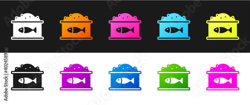 Set Tin can with caviar icon isolated on black and white background. Vector.
