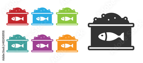 Black Tin can with caviar icon isolated on white background. Set icons colorful. Vector.