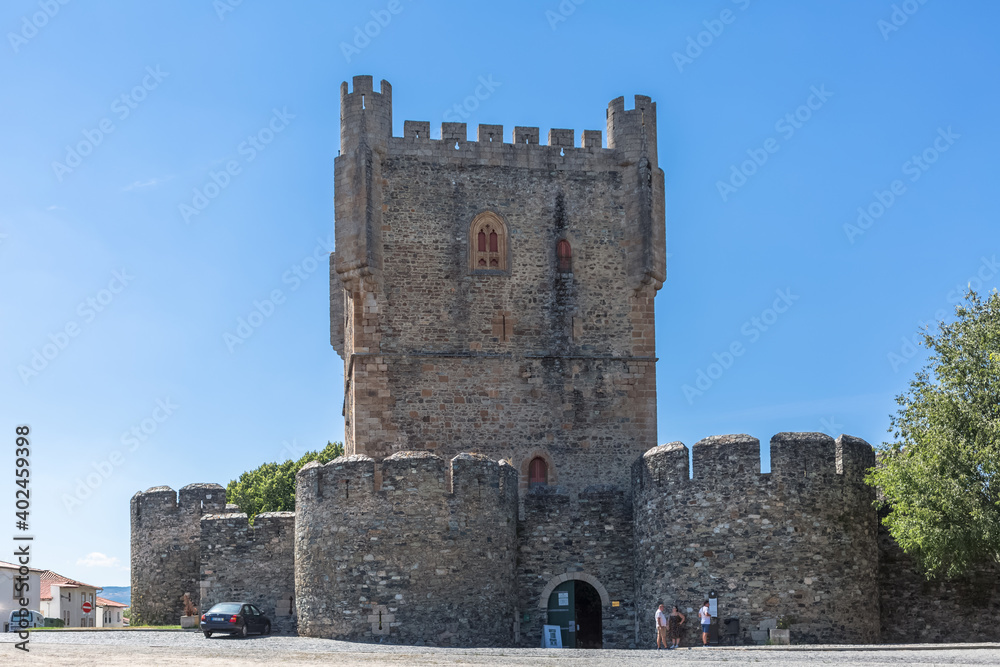 View at the exterior facade tower at Castle of Braganca, an iconic monument building at the Braganca city, portuguese patrimony