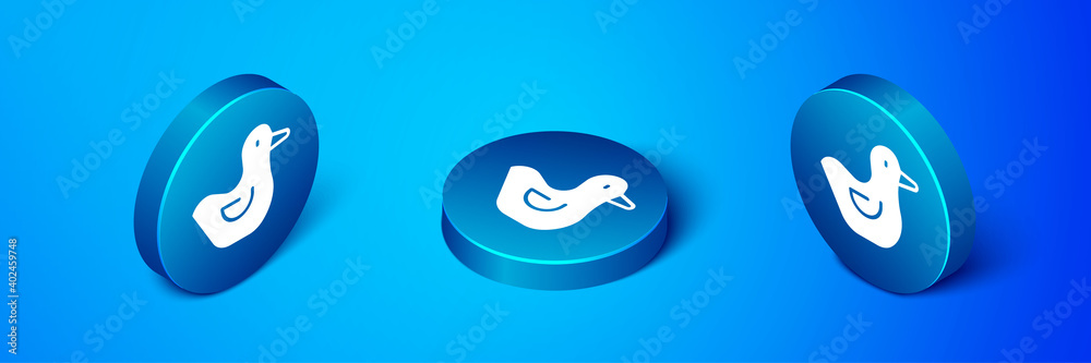 Obraz premium Isometric Rubber duck icon isolated on blue background. Blue circle button. Vector.