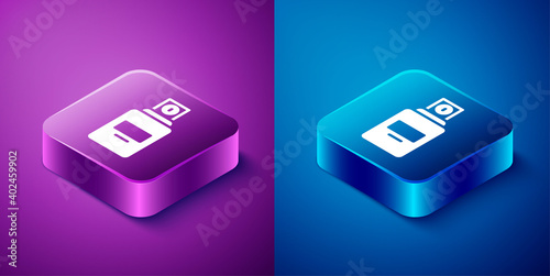 Isometric Perfume icon isolated on blue and purple background. Square button. Vector.