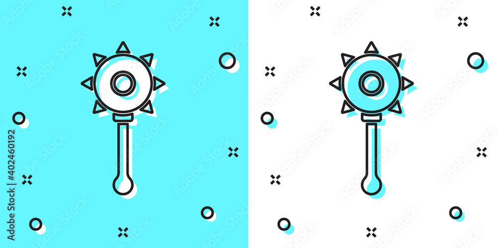 Obraz premium Black line Medieval chained mace ball icon isolated on green and white background. Medieval weapon. Random dynamic shapes. Vector.