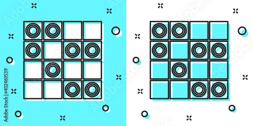 Black line Board game of checkers icon isolated on green and white background. Ancient Intellectual board game. Chess board. White and black chips. Random dynamic shapes. Vector.