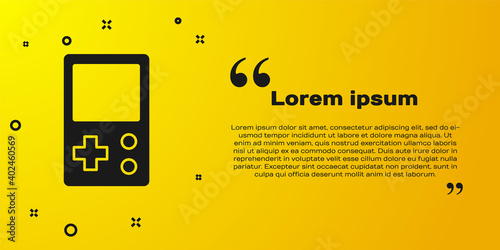 Black Portable tetris electronic game icon isolated on yellow background. Vintage style pocket brick game. Interactive playing device. Vector.