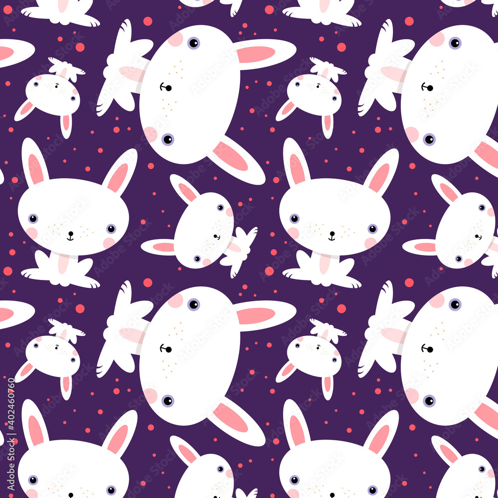 Kawaii rabbit pattern for children, animals, illustration for kids, boys and girls, cute white bunnies