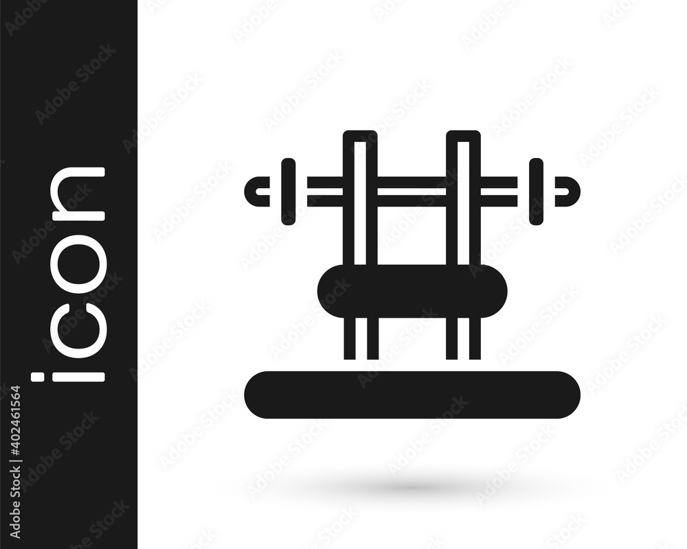 Black Bench with barbel icon isolated on white background. Gym equipment. Bodybuilding, powerlifting, fitness concept. Vector. Black Bench with barbel icon isolated on white background. Gym equipment. Bodybuilding, powerlifting, fitness concept. Vector.