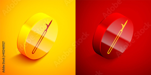 Isometric Metal pike pole with wooden handle icon isolated on orange and red background. Spear, pickaxe, hook hand extinguishing instrument and tool for fireman. Circle button. Vector.