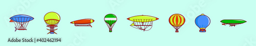 set of dirigible cartoon icon design template with various models. vector illustration isolated on blue background