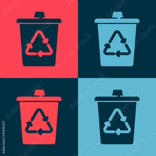 Pop art Recycle bin with recycle symbol icon isolated on color background. Trash can icon. Garbage bin sign. Recycle basket sign. Vector.