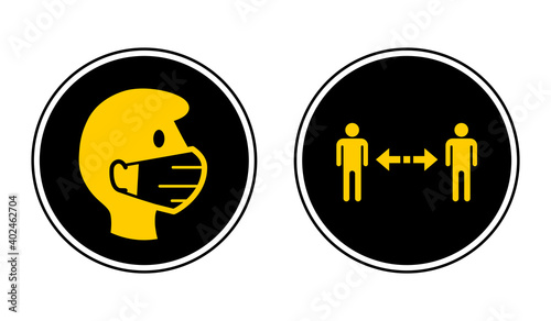 Wear a Face Mask and Keep Your Distance Round Warning or Instruction Icon Set against the Spread of Coronavirus Covid-19. Vector Image.