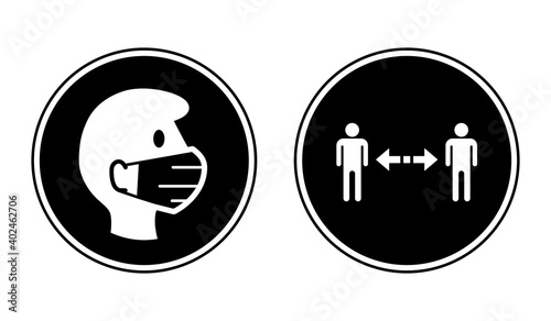Wear a Face Mask and Keep Your Distance Round Warning or Instruction Icon Set against the Spread of Coronavirus Covid-19. Vector Image.