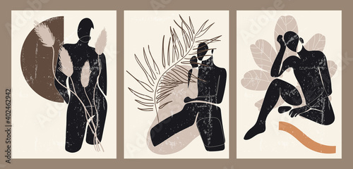 A set of three colorful aesthetic backgrounds. Minimalistic posters for social media, web design. Vintage illustrations with geometric shapes, leaves, plants, female silhouette.